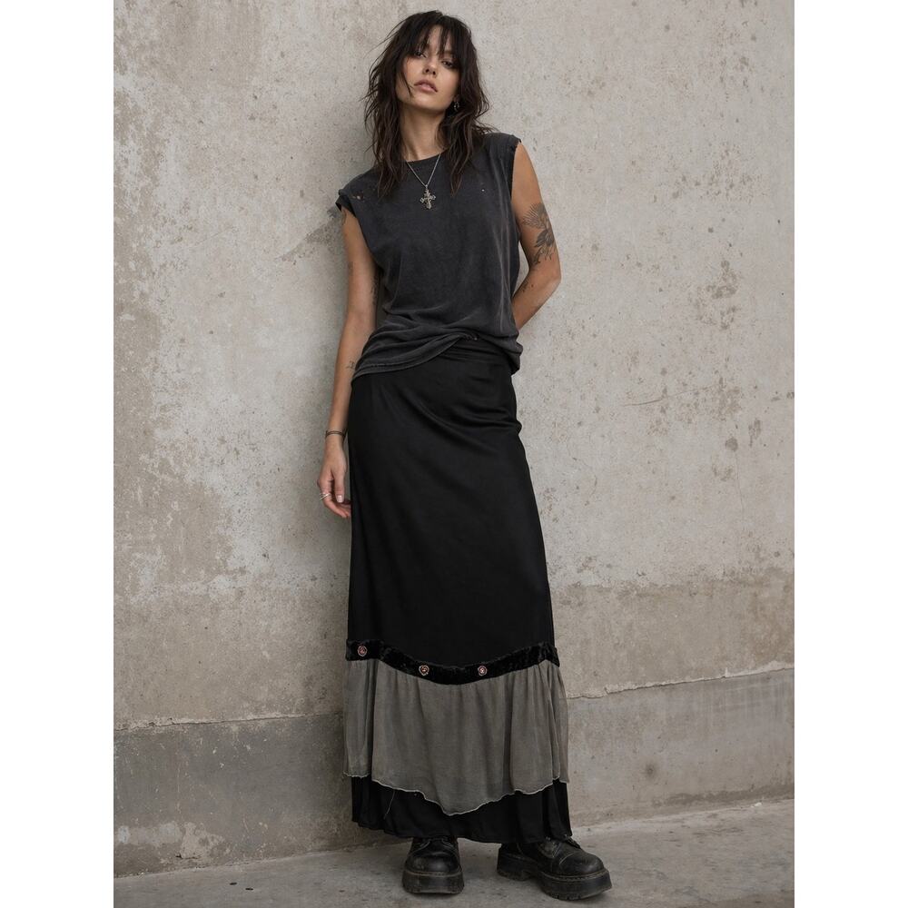 Vintage 90's Satin Maxi Skirt Fairy Grunge Whimsygoth L Mesh Velvet Cottagegore